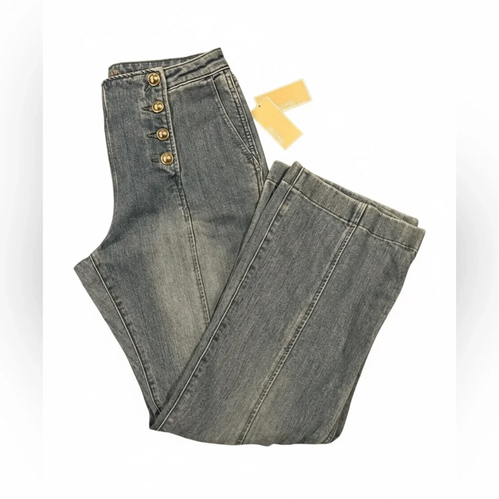 MICHAEL KORS Double Button Sailor Flared Jeans Blue Womens Petite 12P NWT